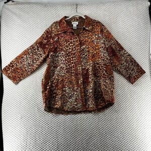 GRAFF Sheer Button Down Top Floral Print Lightweight Blouse‎ Retro Fiery Size L